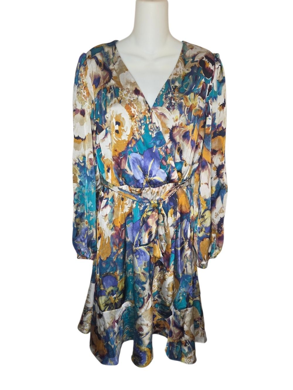 NICOLE MILLER NY Women's Long Sleeve Floral Satin Wrap Style Mini Dress Medium